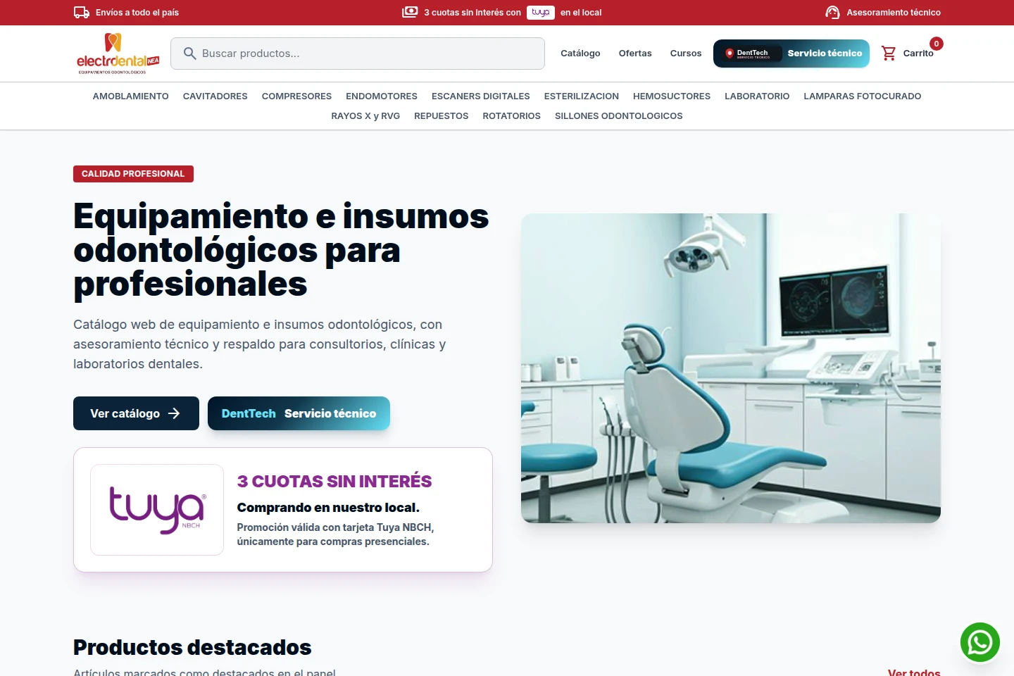 Captura real de ELECTRODENTAL NEA: catálogo de equipamiento e insumos odontológicos.